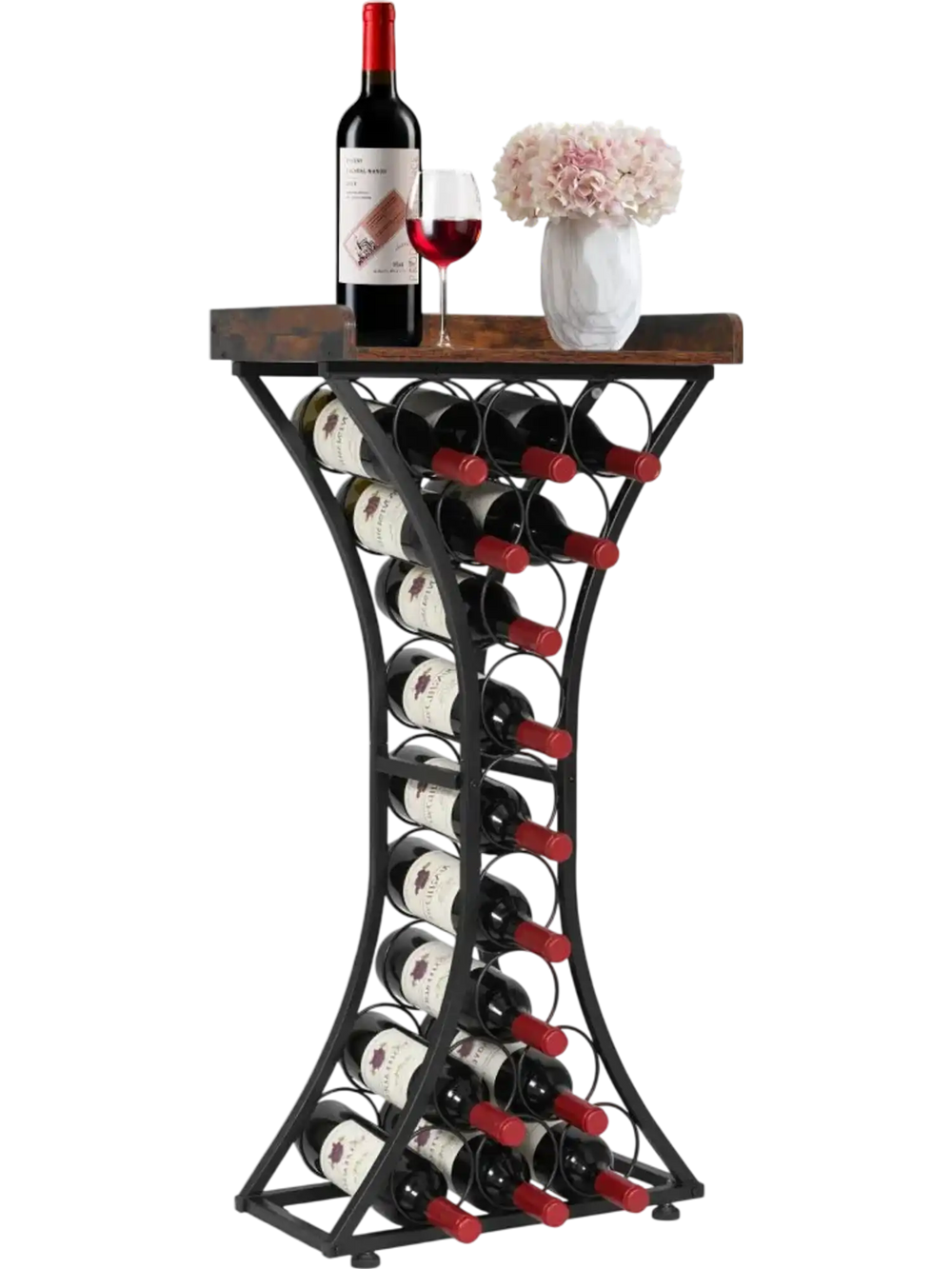 VEVOR 15 Bottle Wine Rack, Freestanding Floor Wine Holder Stand Liquor Cabinet with Wood Tabletop, Easy Assembly Floor Storage Rack, For Home Bar Kitchen Living Room Dining Room, Black