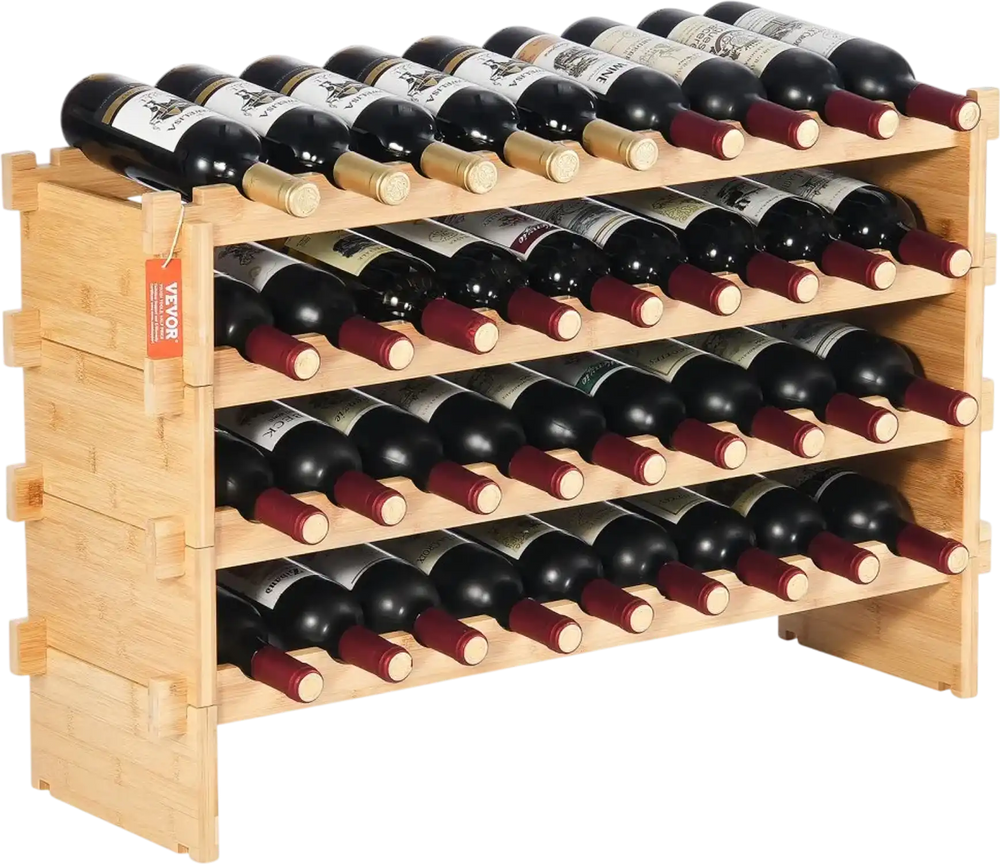 VEVOR 36 Bottle Stackable Modular Wine Rack, 4-Tier Solid Bamboo Wood Storage Racks, Floor Freestanding Wines Holder Display Shelf, Wobble-Free Shelves for Kitchen, Bar, and Cellar (Natural Color)
