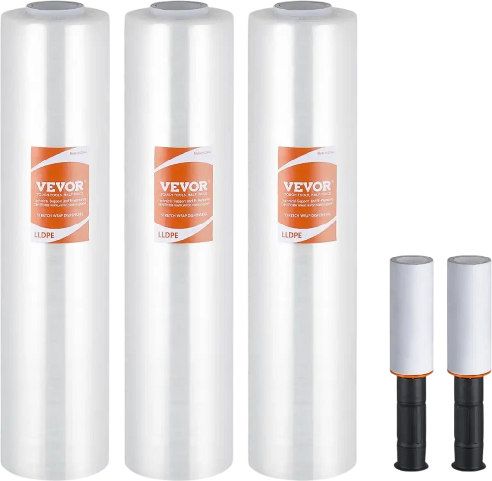 VEVOR Stretch Film, 15 inches x 1000 feet, 3 Pack, 60 Gauge Industrial Strength Clear Durable Stretch Wrap Roll, Heavy Duty Shrink Film Stretch Wrap with Handles for Pallet Wrapping Shipping Moving
