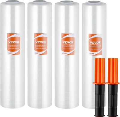 VEVOR Stretch Film, 15 inches x 1000 feet, 4 Pack, 60 Gauge Industrial Strength Clear Durable Stretch Wrap Roll, Heavy Duty Shrink Film Stretch Wrap with Handles for Pallet Wrapping Shipping Moving