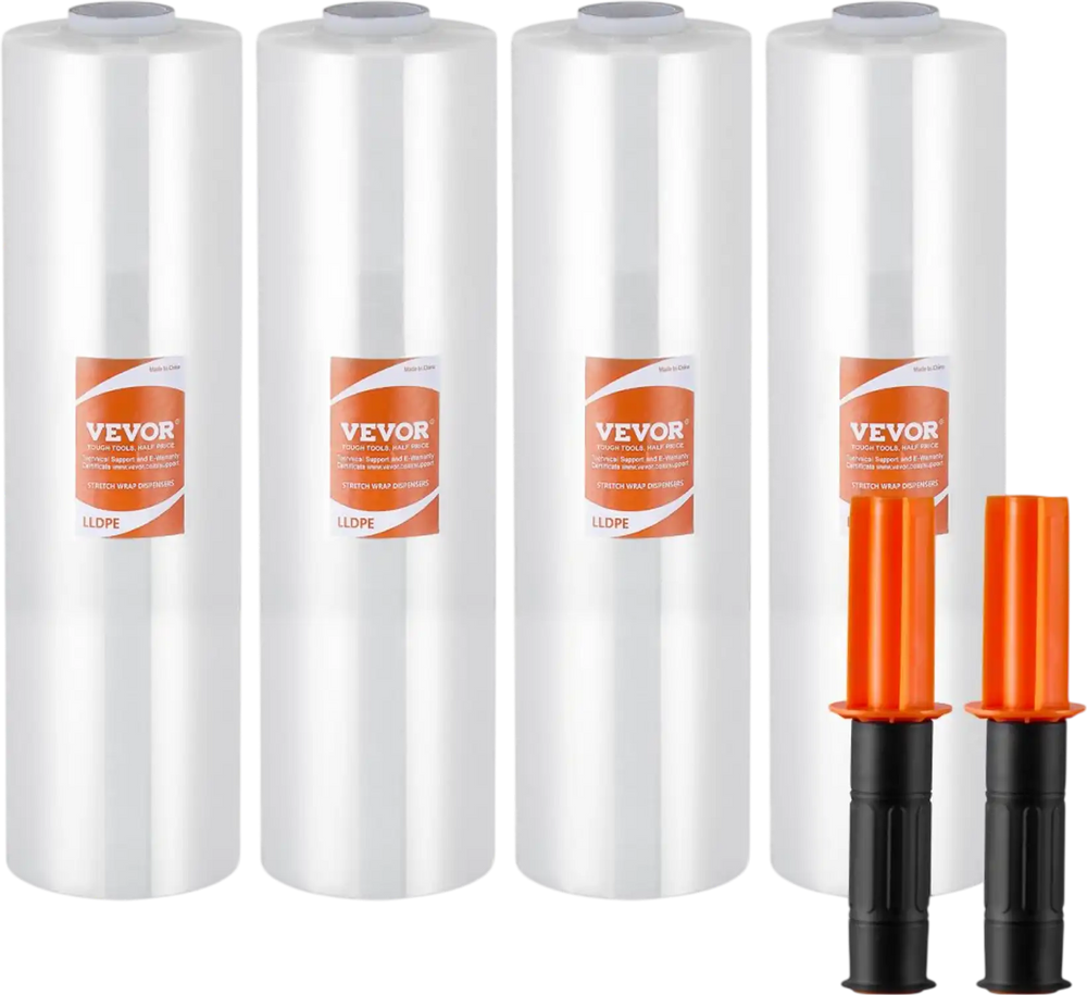 VEVOR Stretch Film, 15 inches x 1200 feet, 4 Pack, 80 Gauge Industrial Strength Clear Durable Stretch Wrap Roll, Heavy Duty Shrink Film Stretch Wrap with Handles for Pallet Wrapping Shipping Moving