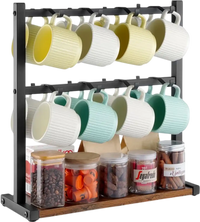 VEVOR Coffee Mug Holder for Countertop, 16 Hooks Coffee Cup Holder with Storage Base, 2 Tier Mugs Tree Rack Carbon Steel & Wood Mug Display Stand, for Coffee Bar Home Storage and Display (Matte Black)