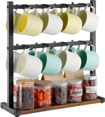 VEVOR Coffee Mug Holder for Countertop, 16 Hooks Coffee Cup Holder with Storage Base, 2 Tier Mugs Tree Rack Carbon Steel & Wood Mug Display Stand, for Coffee Bar Home Storage and Display (Matte Black)
