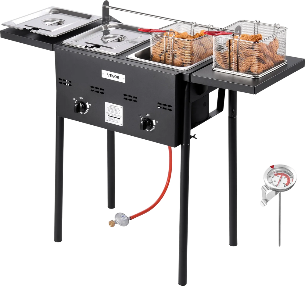 VEVOR Outdoor Propane Deep Fryer, Dual-Tank 8QTx2 Commercial Fryer, Stainless Steel Cooker with Foldable Platform, Dual Basket, and Heat Adjustment, Floor Standing Fryers for Restaurant Home Snack Bar