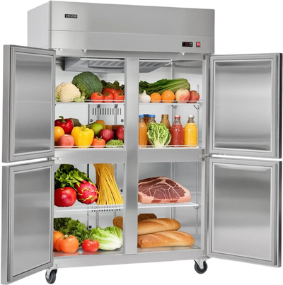 VEVOR Commercial Refrigerator, 31.89 in Width Reach In Upright Refrigeration Four Door, 31.4 Cu.ft Auto-Defrost Stainless Steel Refrigerator with 6 Adjustable Shelves, 32 to 50℉ Temp Range, 4 Wheels