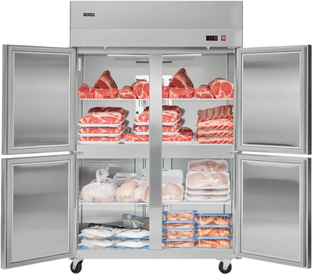 VEVOR Commercial Freezer, 31.89 in Width Reach In Upright-Freezer Four Door, 31.4 Cu.ft Auto-Defrost Stainless Steel Freezer with 6 Adjustable Shelves, -11 to 14℉ Temp Control, LED Light, 4 Wheels