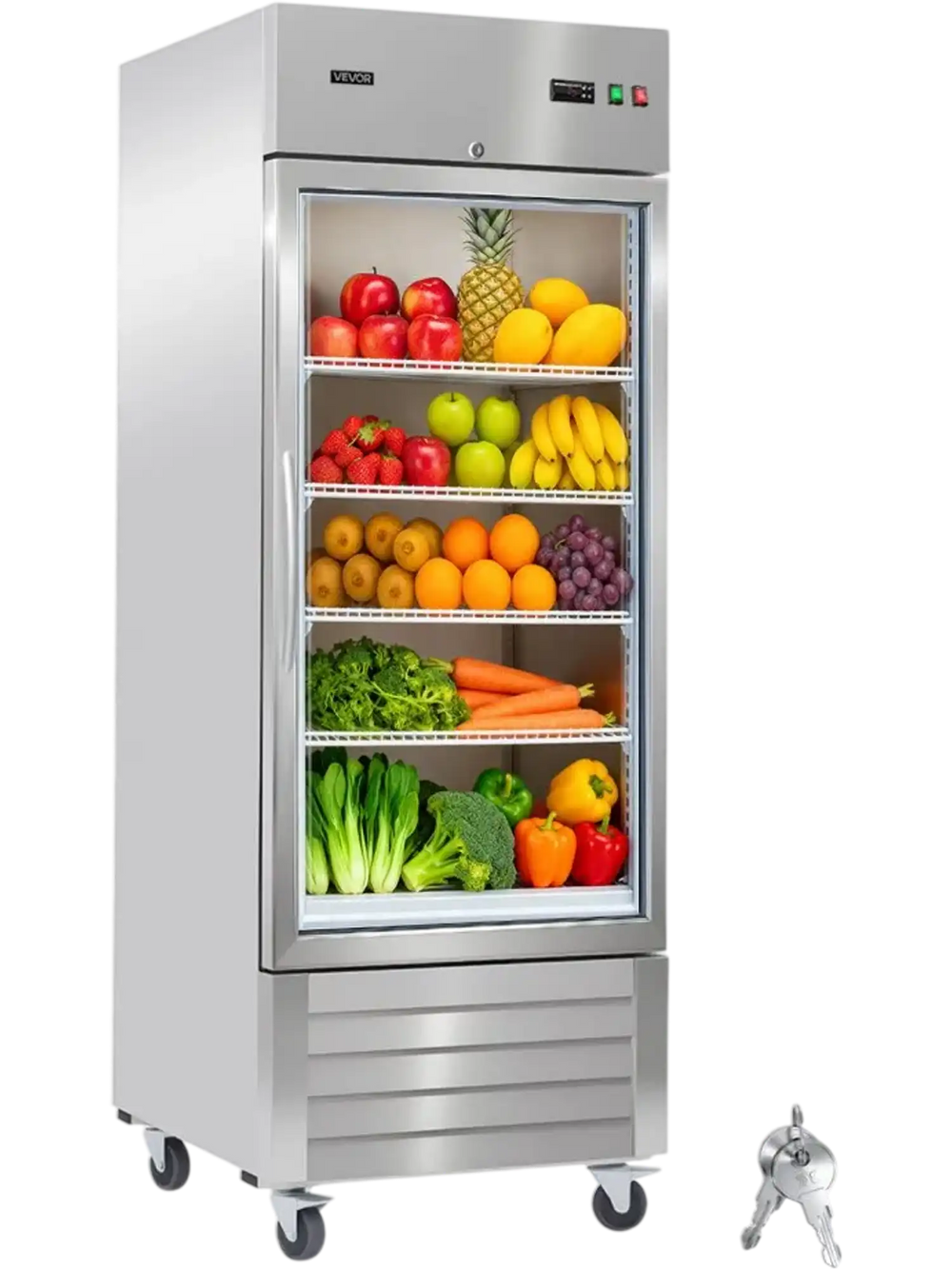VEVOR Commercial Refrigerator, 29.02 in Width Reach In Upright Refrigeration Single Glass Door, 21.5 Cu.ft Auto-Defrost Stainless Steel Refrigerator with 4 Adjustable Shelves, 32 to 50℉ Temp Range
