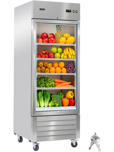 VEVOR Commercial Refrigerator, 29.02 in Width Reach In Upright Refrigeration Single Glass Door, 21.5 Cu.ft Auto-Defrost Stainless Steel Refrigerator with 4 Adjustable Shelves, 32 to 50℉ Temp Range