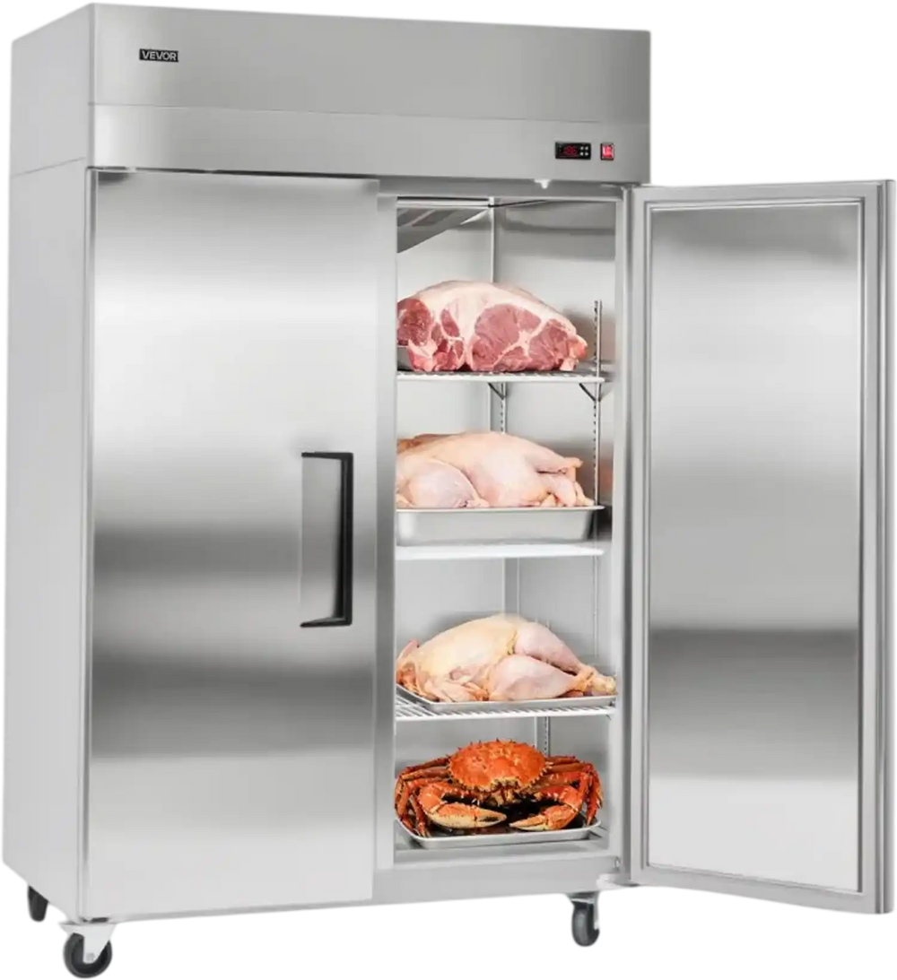 VEVOR Commercial Freezer, 31.89 in Width Reach In Upright-Freezer Double Door, 32.1 Cu.ft Auto-Defrost Stainless Steel Freezer with 8 Adjustable Shelves, -11 to 14℉ Temp Control, LED Light, 4 Wheels