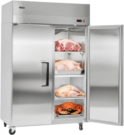VEVOR Commercial Freezer, 31.89 in Width Reach In Upright-Freezer Double Door, 32.1 Cu.ft Auto-Defrost Stainless Steel Freezer with 8 Adjustable Shelves, -11 to 14℉ Temp Control, LED Light, 4 Wheels