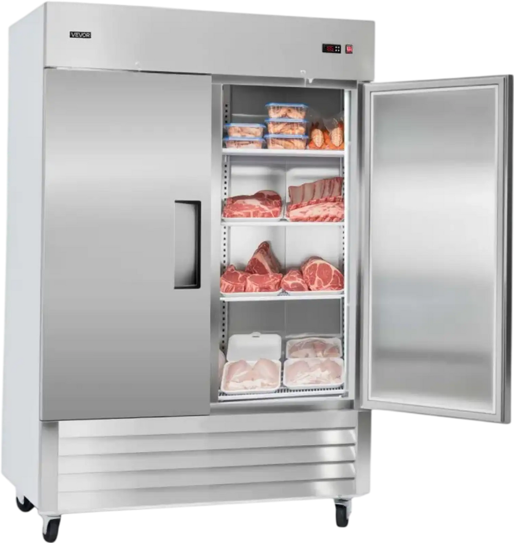 VEVOR Commercial Freezer, 32.2 in Width Reach In Upright-Freezer Double Door, 43.2 Cu.ft Auto-Defrost Stainless Steel Freezer with 8 Adjustable Shelves, -11 to 14℉ Temp Control, LED Light, 4 Wheels