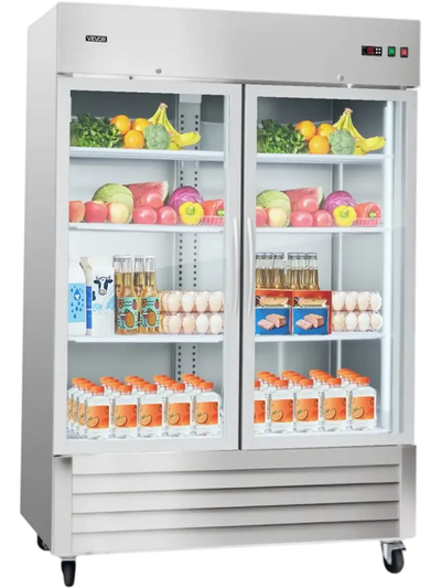 VEVOR Commercial Refrigerator, 32.2 in Width Reach In Upright Refrigeration Double Glass Door, 43.2 Cu.ft Auto-Defrost Stainless Steel Refrigerator with 8 Adjustable Shelves, 32 to 50℉ Temp Range