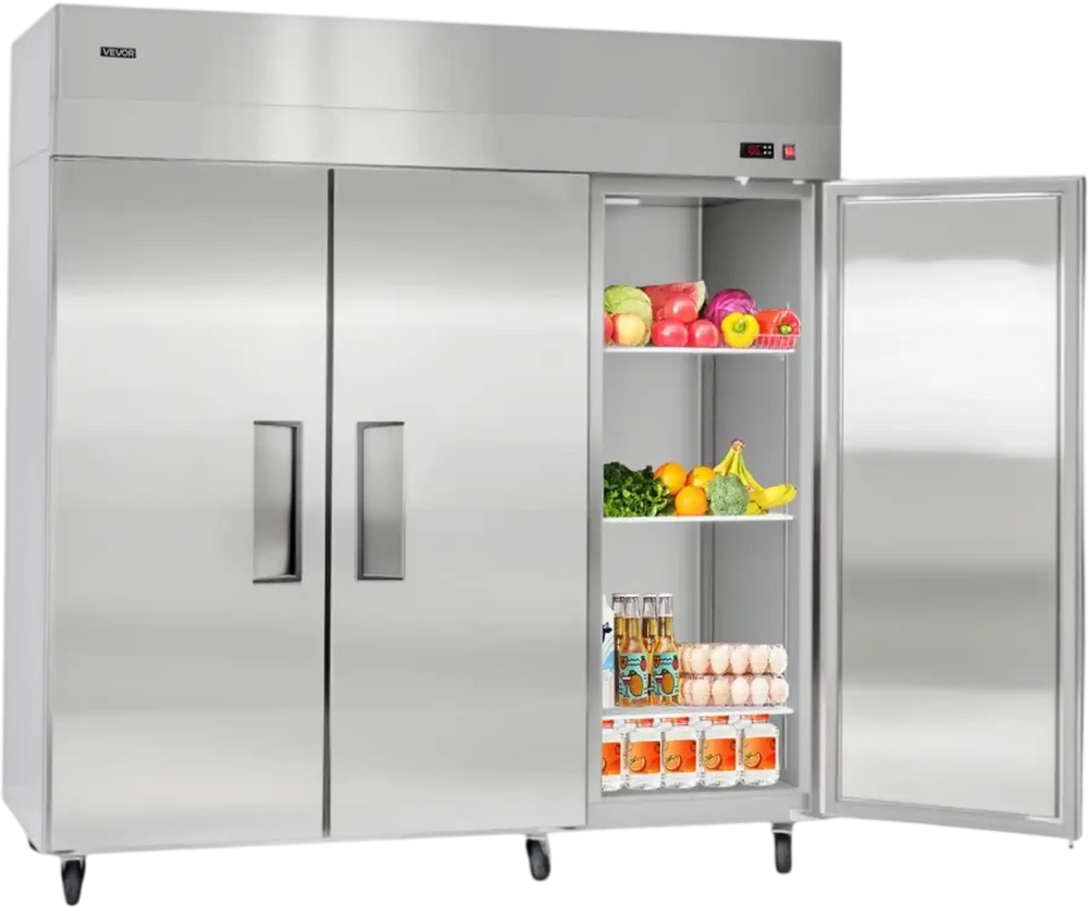 VEVOR Commercial Reach-In Refrigerator 72" W, 52 Cu.Ft Stainless Steel Upright Refrigerator with Three Doors, Auto-Defrost, 9 Adjustable Shelves, 32 to 50℉ Temp Control, UL Certified