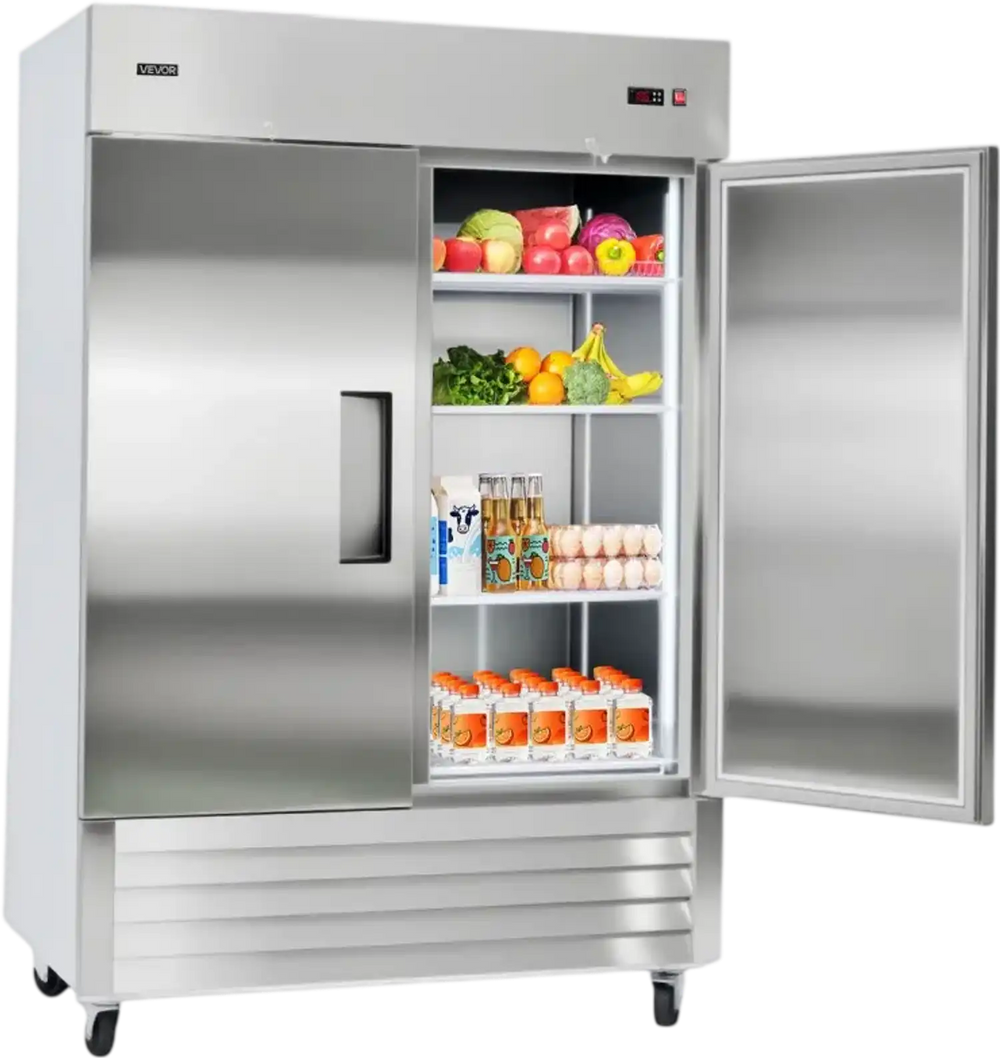 VEVOR Commercial Refrigerator, 32.2 in Width Reach In Upright Refrigeration Double Door, 43.2 Cu.ft Auto-Defrost Stainless Steel Refrigerator with 8 Adjustable Shelves, 32 to 50℉ Temp Range, 4 Wheels