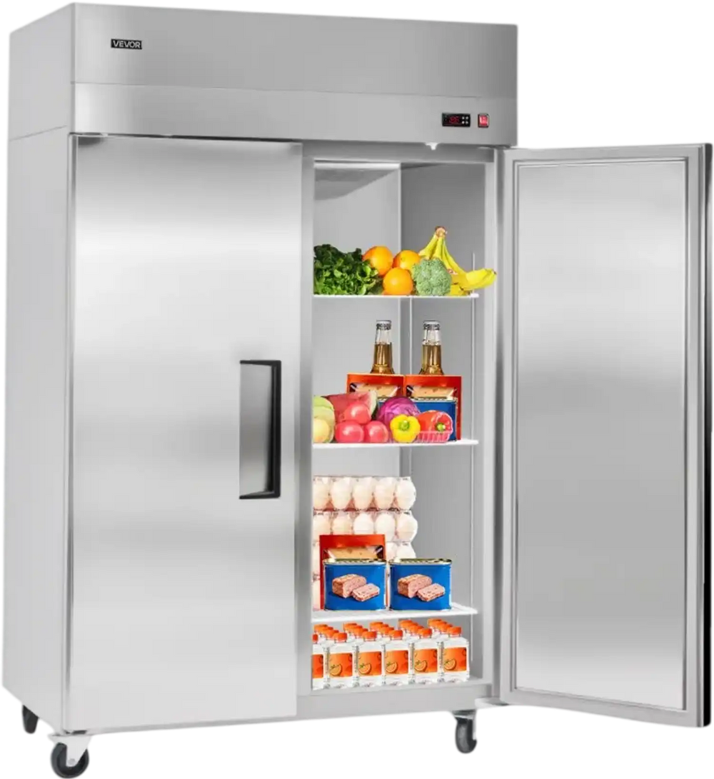 VEVOR Commercial Refrigerator, 31.89 in Width Reach In Upright Refrigeration Double Door, 32.1 Cu.ft Auto-Defrost Stainless Steel Refrigerator with 8 Adjustable Shelves, 32 to 50℉ Temp Range, 4 Wheels