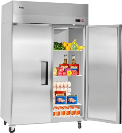 VEVOR Commercial Refrigerator, 31.89 in Width Reach In Upright Refrigeration Double Door, 32.1 Cu.ft Auto-Defrost Stainless Steel Refrigerator with 8 Adjustable Shelves, 32 to 50℉ Temp Range, 4 Wheels