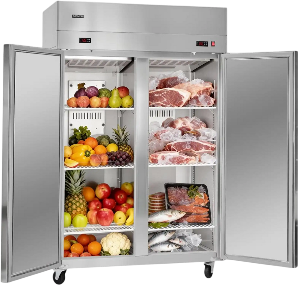 VEVOR Commercial Refrigerator and Freezer Combo, 31.89 in Width Reach In Upright-Freezer Double Door, 31.1 Cu.ft Auto-Defrost Stainless Steel Freezer with 8 Adjustable Shelves, LED Light, 4 Wheels