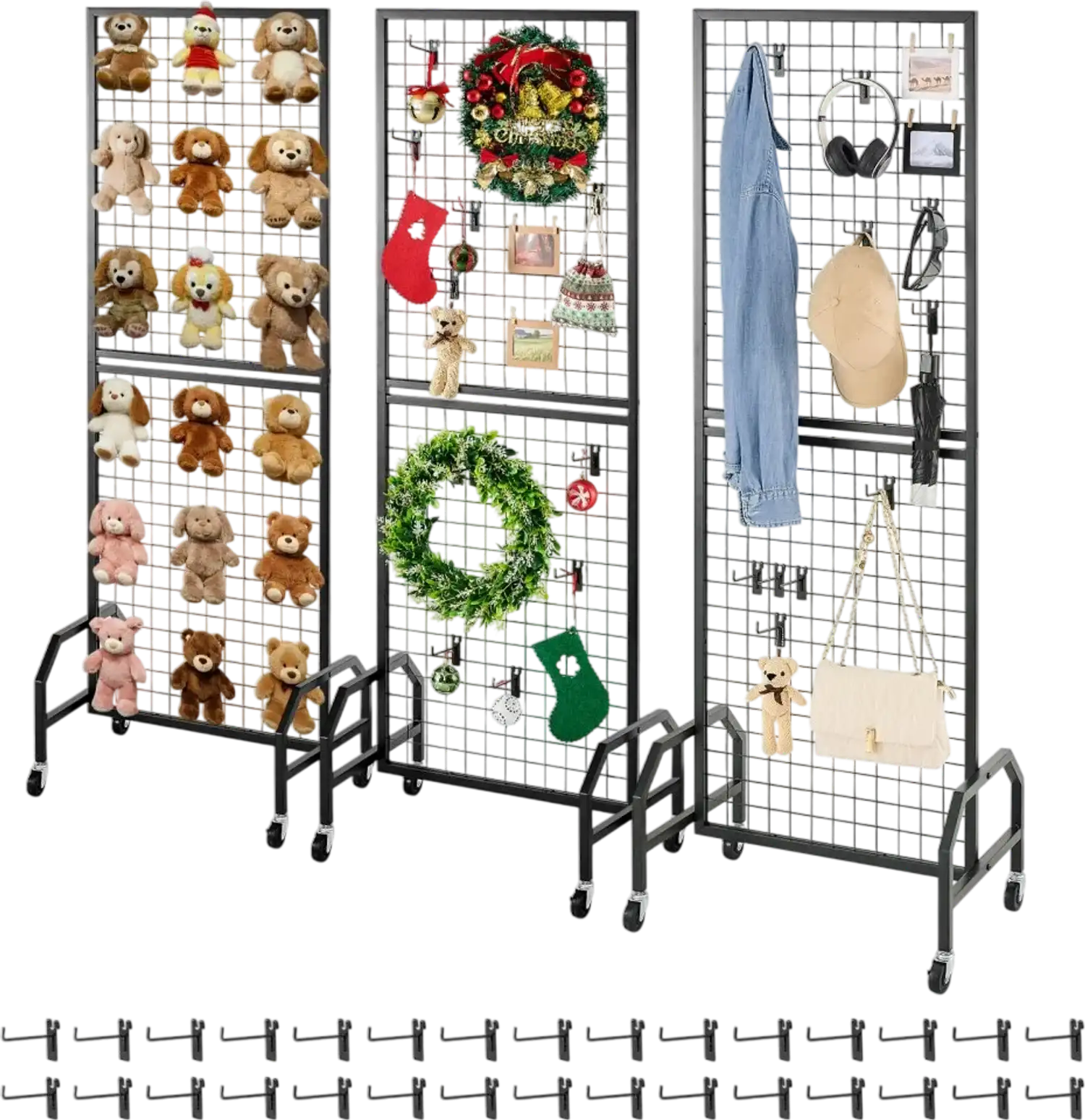 Vevor Grid Wall Panels 3-Pack 1.9' x 5.4' Wire Display Rack with Wheels & Hooks New