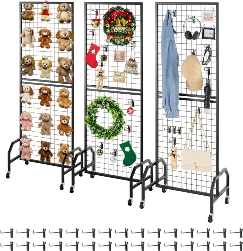 VEVOR 3 Packs Grid Wall Panels, 1.9 x 5.4 ft Wire Grid Panels Display Rack, Movable Art Display Shelf with Wheels and 30 Hooks, Black Carbon Steel Gridwall for Craft Show, Decor, Storage, Notice Board