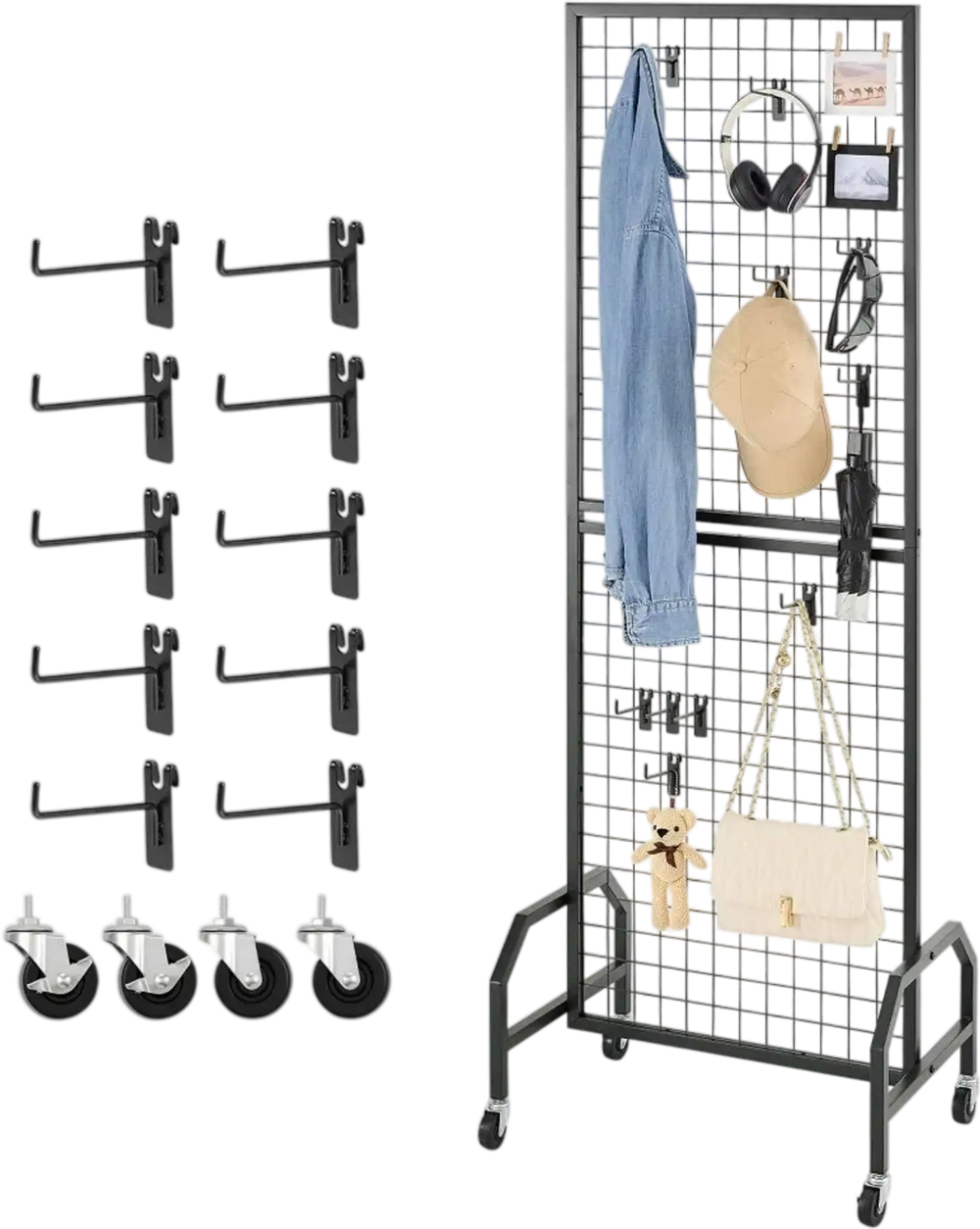 VEVOR Grid Wall Panel, 1.9 x 5.4 ft Wire Grid Panels Display Rack, Movable Art Display Shelf with Wheels and 10 Hooks, Black Carbon Steel Gridwall for Craft Show, Decoration, Storage, Notice Board