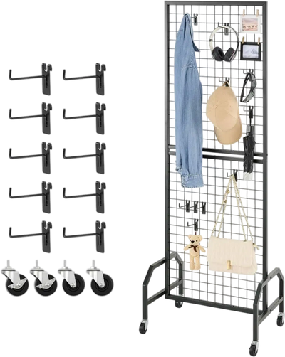VEVOR Grid Wall Panel, 1.9 x 5.4 ft Wire Grid Panels Display Rack, Movable Art Display Shelf with Wheels and 10 Hooks, Black Carbon Steel Gridwall for Craft Show, Decoration, Storage, Notice Board