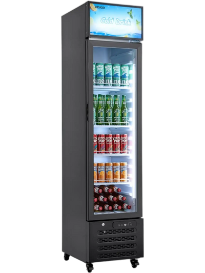 VEVOR Commercial Merchandiser Refrigerator, 7.5 Cu.Ft / 213 L Glass Door Display Refrigerator, Upright Beverage Cooler with Customizable Lightbox, 4 Adjustable Shelves & Soft LED Light for Homes Shops