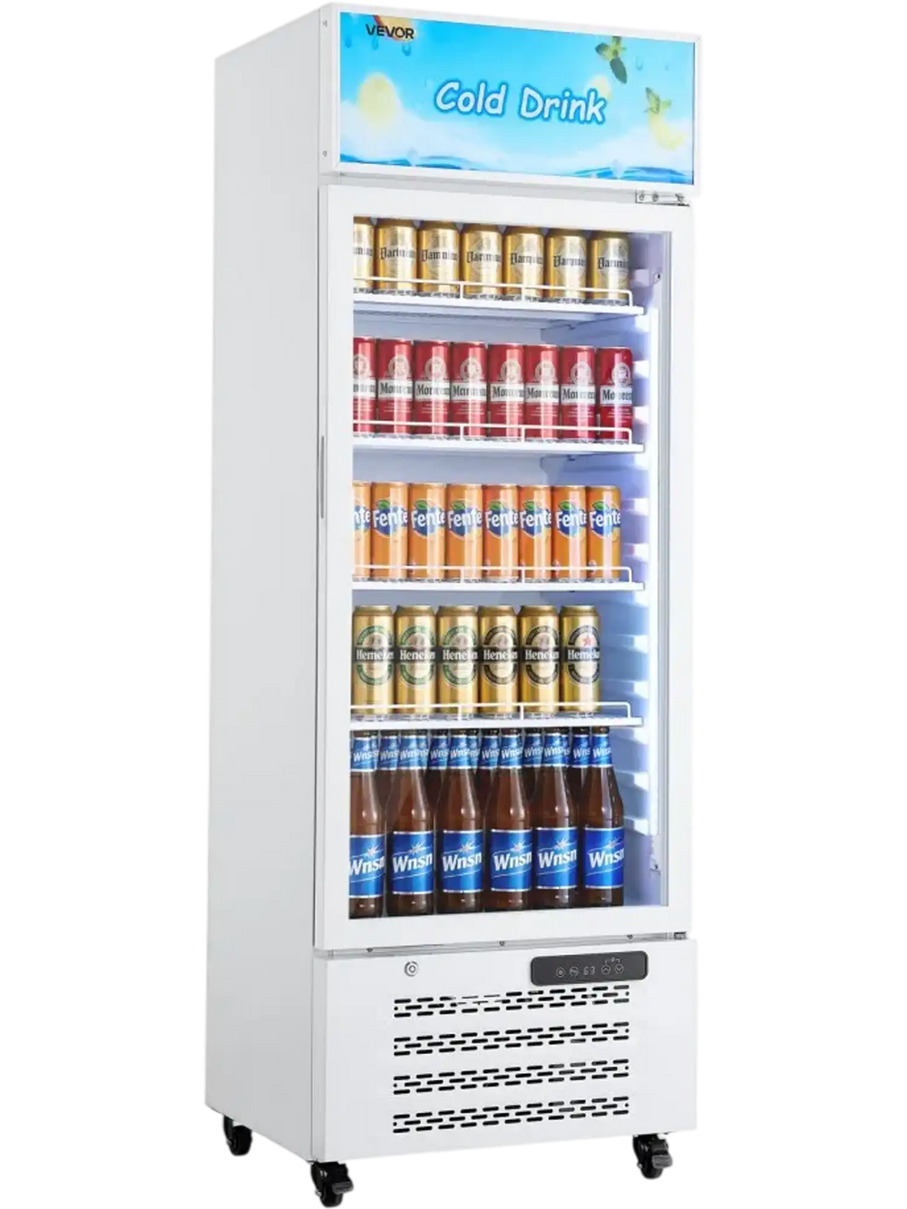 VEVOR Commercial Merchandiser Refrigerator, 9.6 Cu.Ft / 273 L Glass Door Display Refrigerator, Upright Beverage Cooler with Customizable Lightbox, 4 Adjustable Shelves & Soft LED Light for Homes Shops