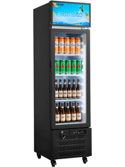 VEVOR Commercial Merchandiser Refrigerator, 6.1 Cu.Ft / 173 L Glass Door Display Refrigerator, Upright Beverage Cooler with Customizable Lightbox, 3 Adjustable Shelves & Soft LED Light for Homes Shops