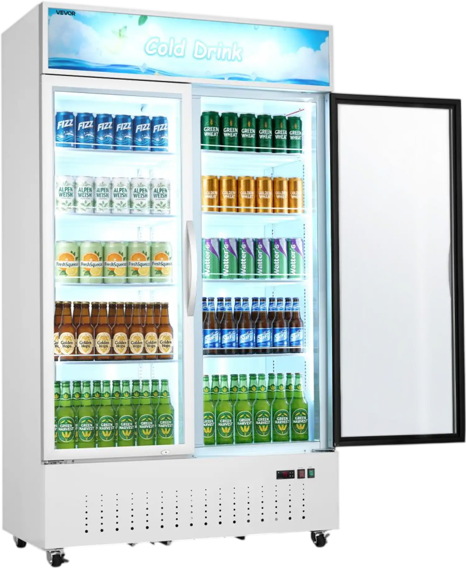 Vevor Merchandiser Refrigerator 35.3 Cu. Ft. Upright Beverage Cooler with 2 Glass Doors and Customizable Lightbox New