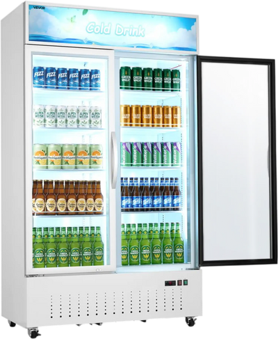 VEVOR Commercial Merchandiser Refrigerator, 35.3 Cu.Ft / 1000L Upright Beverage Cooler, 2 Glass Door Display Refrigerator with Customizable Lightbox, 8 Adjustable Shelves, Soft LED Lighting & Casters