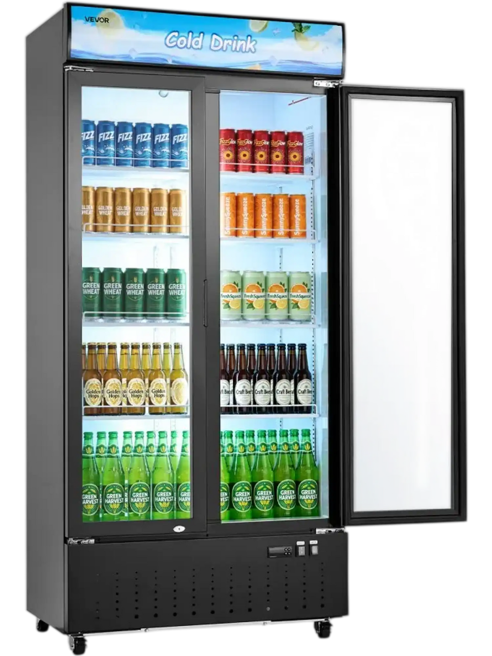 VEVOR Commercial Merchandiser Refrigerator, 20.8 Cu.Ft / 590L Upright Beverage Cooler, 2 Glass Door Display Refrigerator with Customizable Lightbox, 8 Adjustable Shelves, Soft LED Lighting & Casters