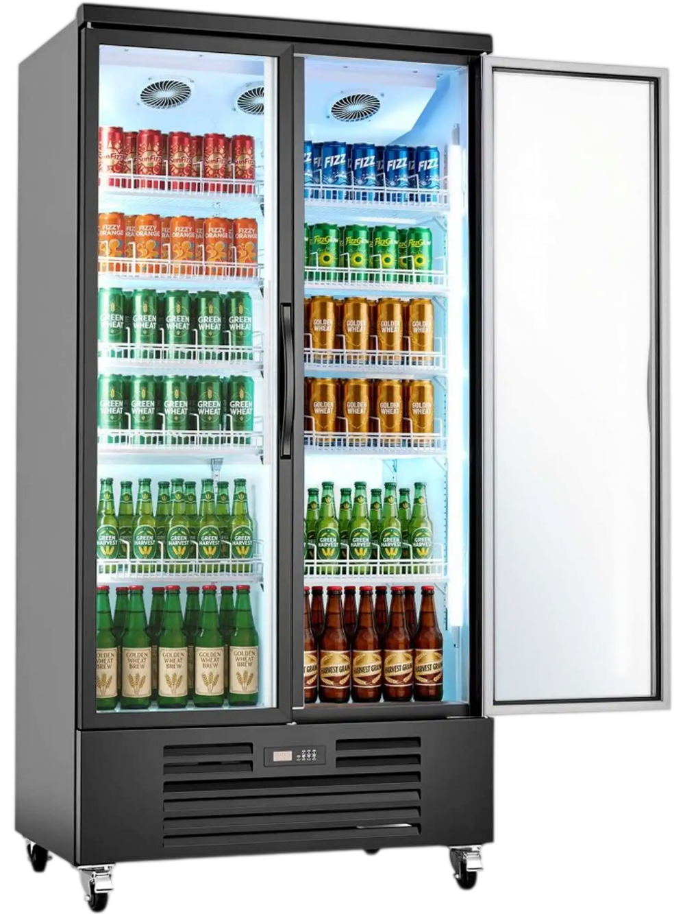 VEVOR Commercial Merchandiser Refrigerator, 24.9 Cu.Ft / 705L Upright Beverage Cooler, 2 Glass Door Display Refrigerator with 5 Adjustable Shelves, Soft LED Light & Casters for Bars Shops Supermarkets