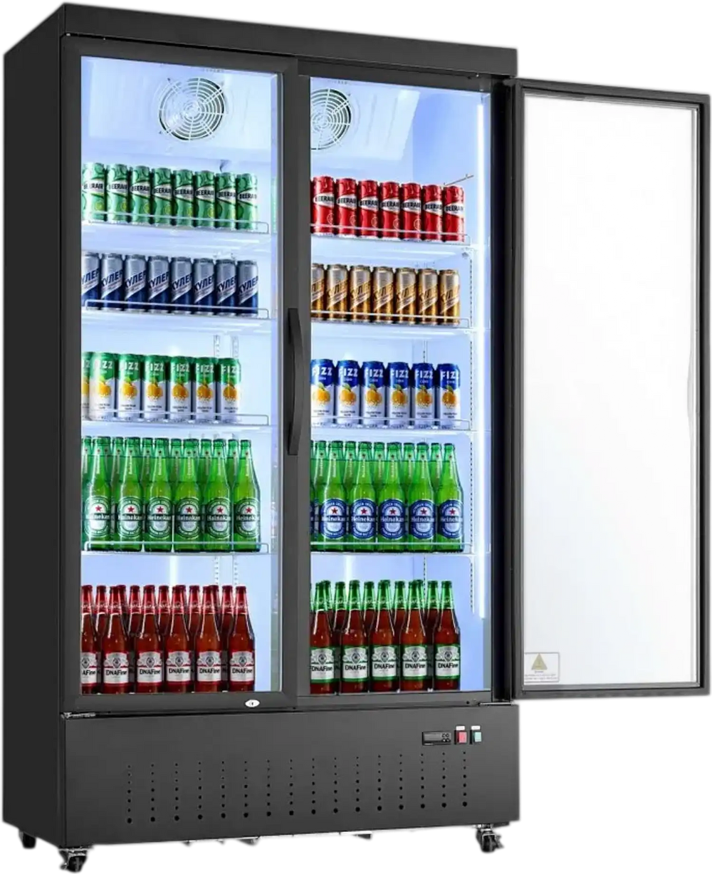 VEVOR Commercial Merchandiser Refrigerator, 29.3 Cu.Ft / 830L Upright Beverage Cooler, 2 Glass Door Display Refrigerator with 8 Adjustable Shelves, Soft LED Light & Casters for Bars Shops Supermarkets