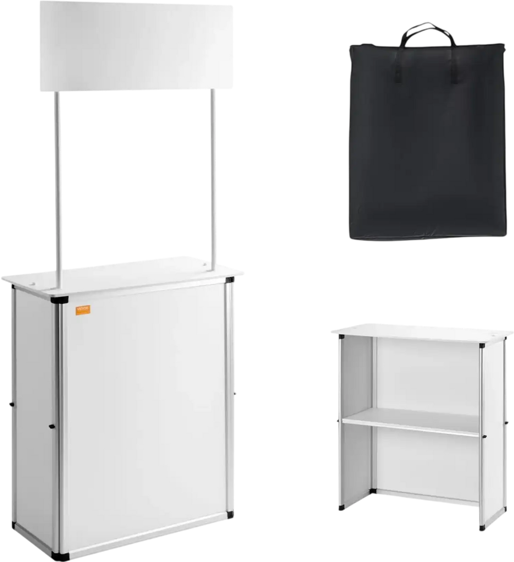 VEVOR Promotion Counter Table, Portable Tradeshow Podium Table, 30.91" x 14.96" x 71.46", Display Exhibition Counter Stand Booth Fair with Wall, Pop Up Podium with Storage Rack/Carrying Bag