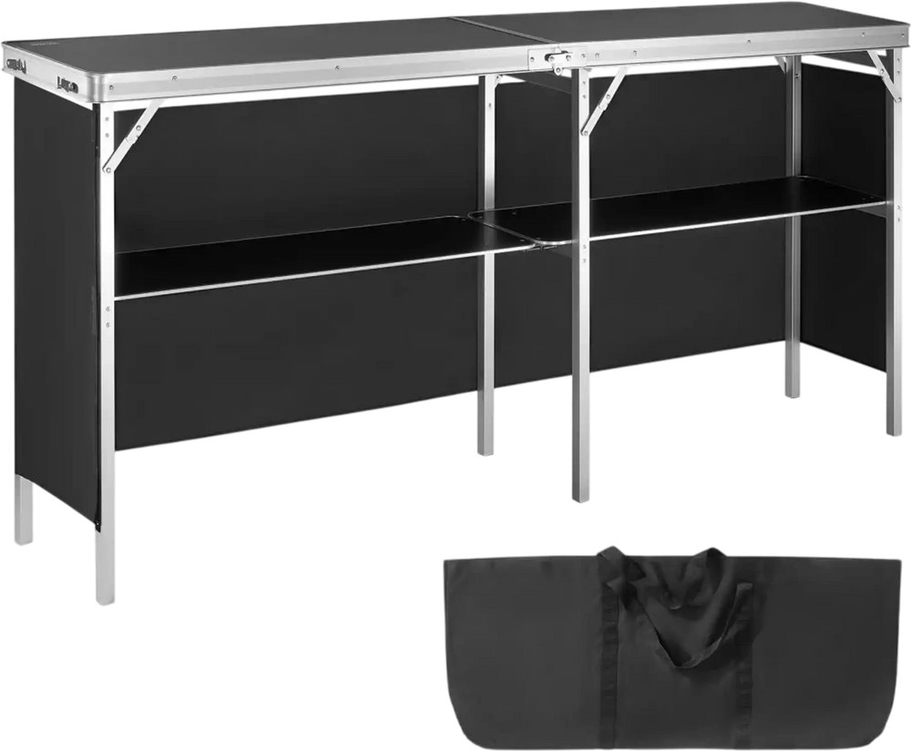VEVOR Extra Long Folding Portable Bar Table - Tradeshow Podium Table for Indoor, Outdoor, Party, Picnic, Exhibition, Includes Carrying Case, Storage Shelf and  Black Skirt, 77.95" x 15.16" x 34.65"