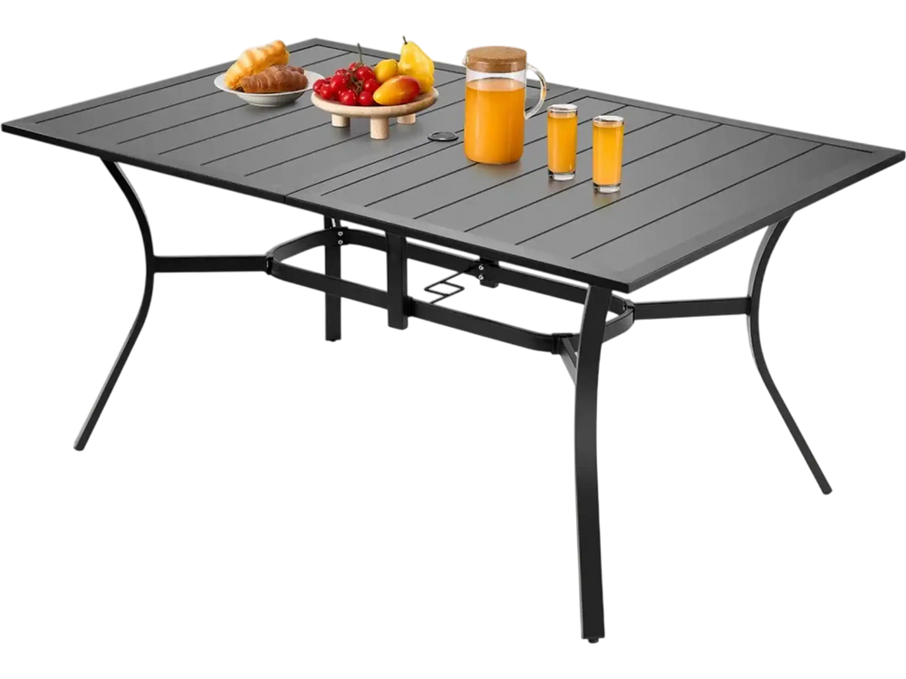 VEVOR Outdoor Patio Dining Table, 59 inch Long Rectangular Metal Steel Slat Backyard Bistro Tables for 4-6, with 1.5 in Umbrella Hole, All-Weather Large Furniture for Lawn Garden Porch, Black