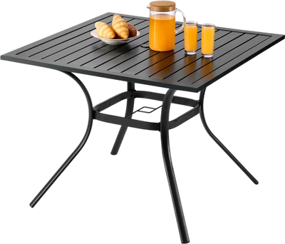 VEVOR Outdoor Patio Dining Table, 37 inch Square Metal Steel Slat Backyard Bistro Tables, with 1.5 in Umbrella Hole, Outside All-Weather Large Furniture for Lawn Garden Porch, Black