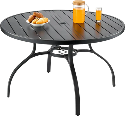 VEVOR Outdoor Patio Dining Table, 47 inch Round Metal Steel Slat Backyard Bistro Tables, with 1.5 in Umbrella Hole, Outside All-Weather Large Furniture for Lawn Garden Porch, Black
