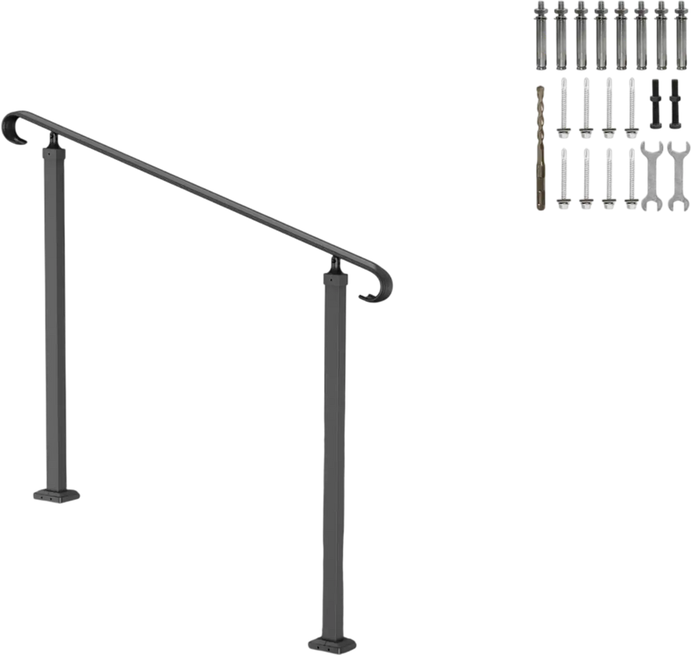 VEVOR Handrails for Outdoor Steps, Fit 1-3 Steps Wrought Iron Handrail, Outdoor Stair Railing, Adjustable Front Porch Hand Rail, Black Transitional Hand railings for Concrete Steps or Wooden Stairs