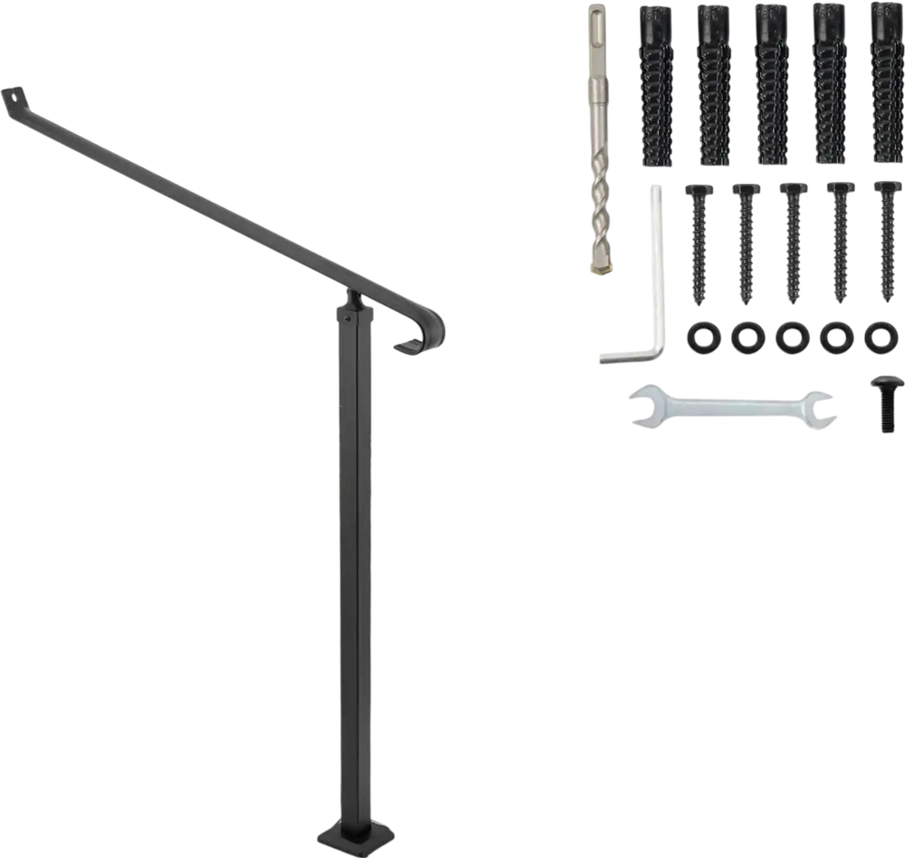 VEVOR Handrails for Outdoor Steps 1-2 Step Railings Wrought Iron Handrail Stair Railings for Steps Black Iron Railings for Steps Wall and Floor Mounted with Installation Kit