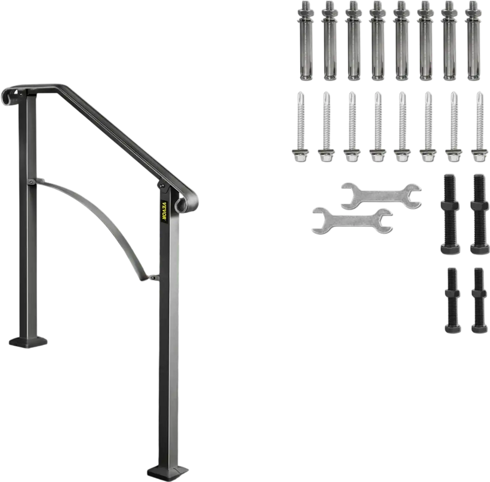 VEVOR Handrails for Outdoor Steps, Fit 2 or 3 Steps Outdoor Stair Railing, Arch#2 Wrought Iron Handrail, Flexible Porch Railing, Black Transitional Handrails for Concrete Steps or Wooden Stairs