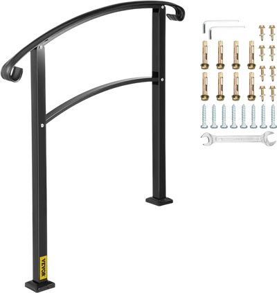 VEVOR 3-Step Transitional Handrail Fits 1 or 3 Steps Matte Stair Rail Wrought Iron Handrail with Installation Kit Hand Rails for Outdoor Steps (Unadjustable) (Black)