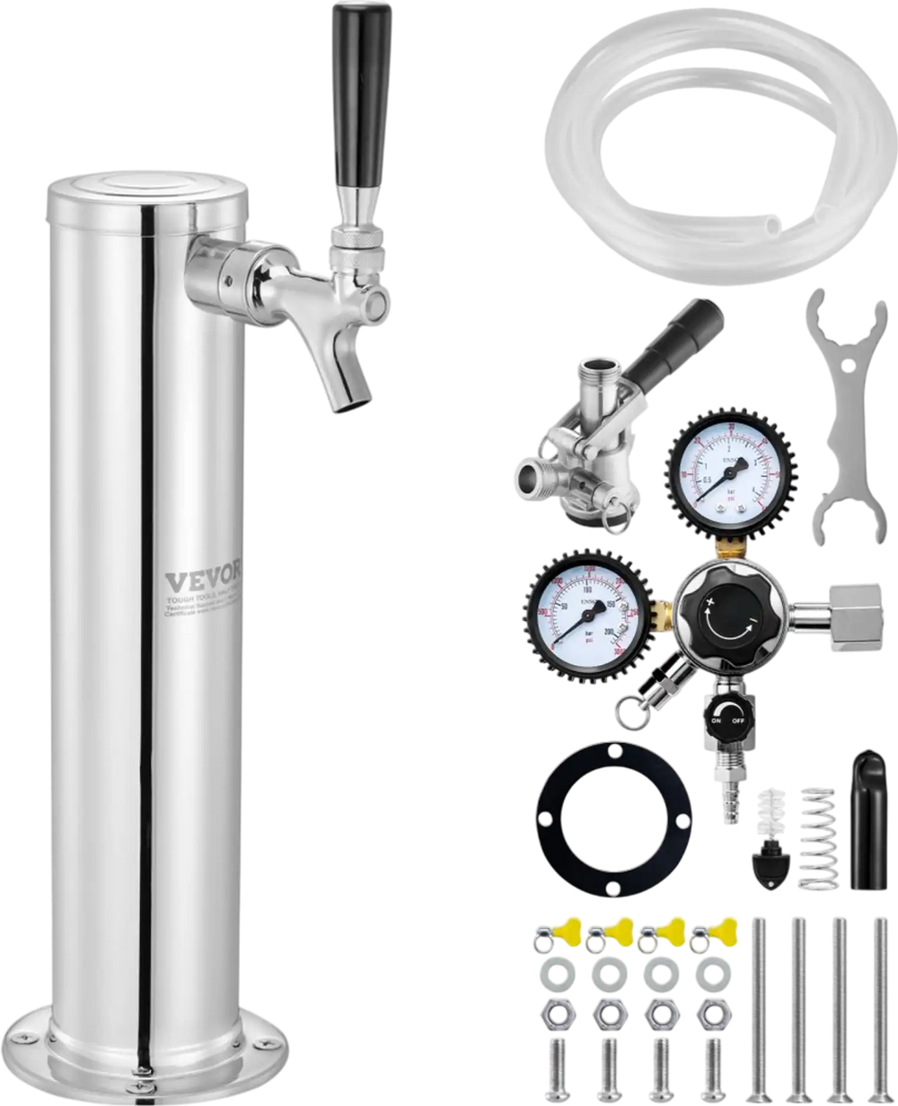 VEVOR Kegerator Tower Kit, Single Tap Beer Conversion Kit, Stainless Steel Keg Beer Tower Dispenser with Dual Gauge CGA320 Regulator & D-System Keg Coupler, Self-Closing Spring for Party Bar Home
