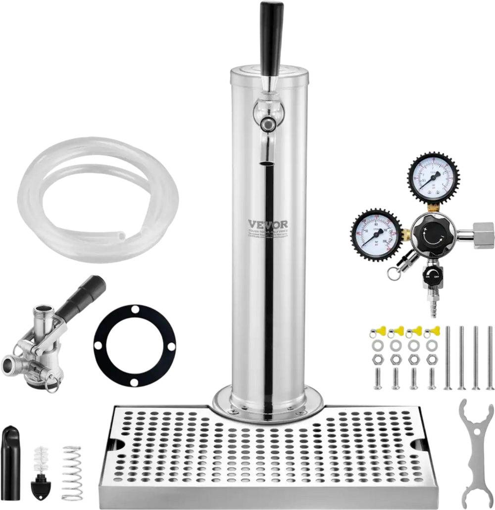 VEVOR Kegerator Tower Kit, Single Tap Beer Conversion Kit, Stainless Steel Keg Beer Tower Dispenser with Dual Gauge CGA320 Regulator & D-System Keg Coupler, Beer Drip Tray for Party Home