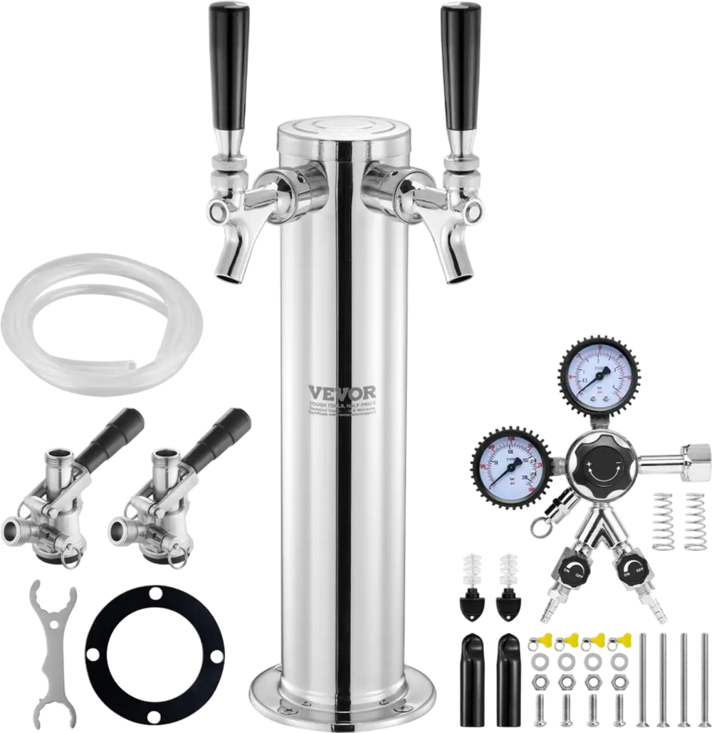 VEVOR Kegerator Tower Kit, Dual Taps Beer Conversion Kit, Stainless Steel Keg Beer Tower Dispenser with Dual Gauge CGA320 Regulator & D-System Keg Coupler, Self-Closing Spring for Party Bar Home