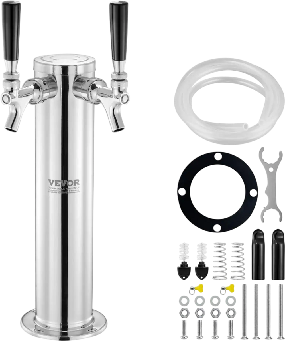 VEVOR Dual Taps Draft Beer Tower Dispenser, Stainless Steel Keg Beer Tower, Kegerator Tower Kit with Pre-Assembled Tubing and Self-Closing Faucet Shanks for Party, Bar, Pub, Restaurant