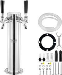VEVOR Dual Taps Draft Beer Tower Dispenser, Stainless Steel Keg Beer Tower, Kegerator Tower Kit with Pre-Assembled Tubing and Self-Closing Faucet Shanks for Party, Bar, Pub, Restaurant