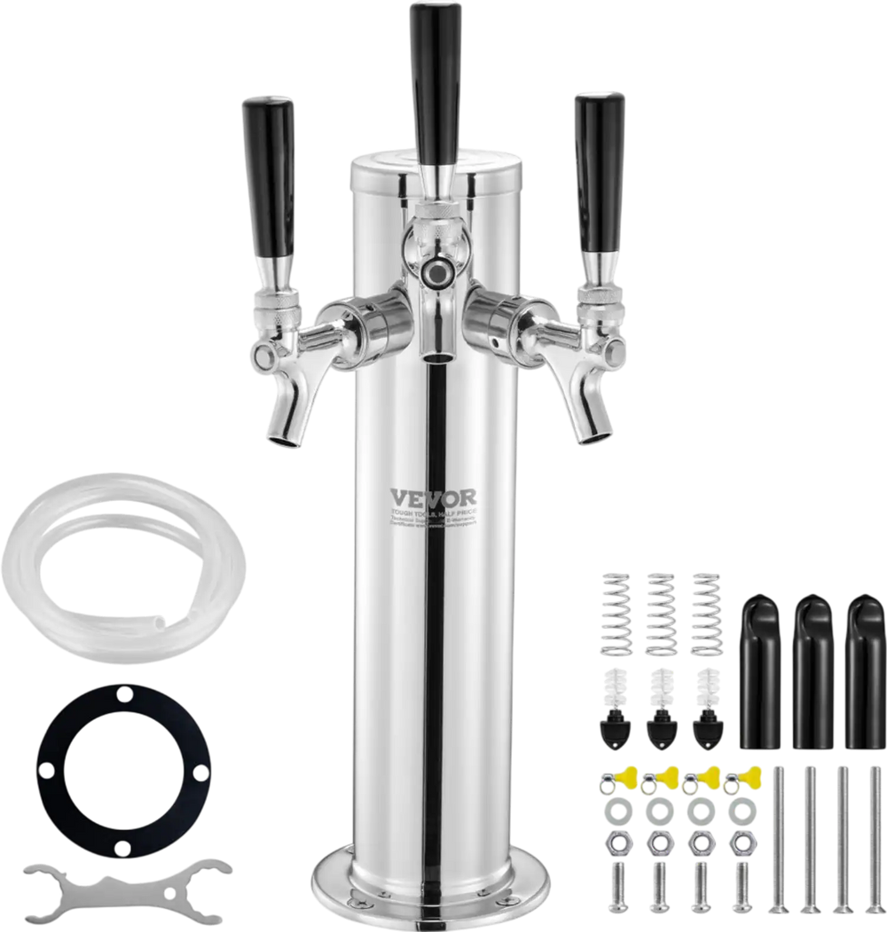 VEVOR Triple Taps Draft Beer Tower Dispenser, Stainless Steel Keg Beer Tower, Kegerator Tower Kit with Pre-Assembled Tubing and Self-Closing Faucet Shanks for Party, Bar, Pub, Restaurant