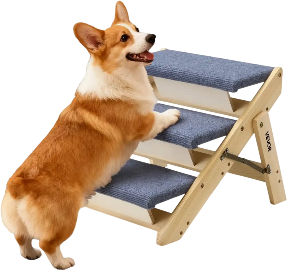 VEVOR Wood Pet Stairs, 3-Step Dog Stairs for Beds, Sofa & Cars, 150lbs Load Capacity, Floded Flat Design, Stable & Sturdy Cat & Dog Step Ladder for Small Medium Large Older Pet Puppy Essentials