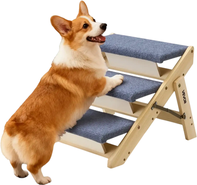 VEVOR Wood Pet Stairs, 3-Step Dog Stairs for Beds, Sofa & Cars, 150lbs Load Capacity, Floded Flat Design, Stable & Sturdy Cat & Dog Step Ladder for Small Medium Large Older Pet Puppy Essentials